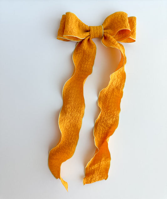 Mustard and yellow Wavy wrinkle laced edge Hair Bow