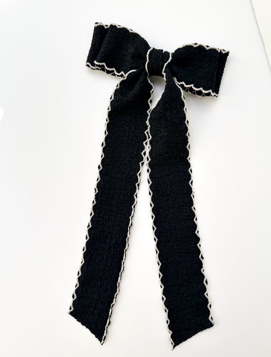 Black and White wrinkle MoonStitched Edge Hair Bow