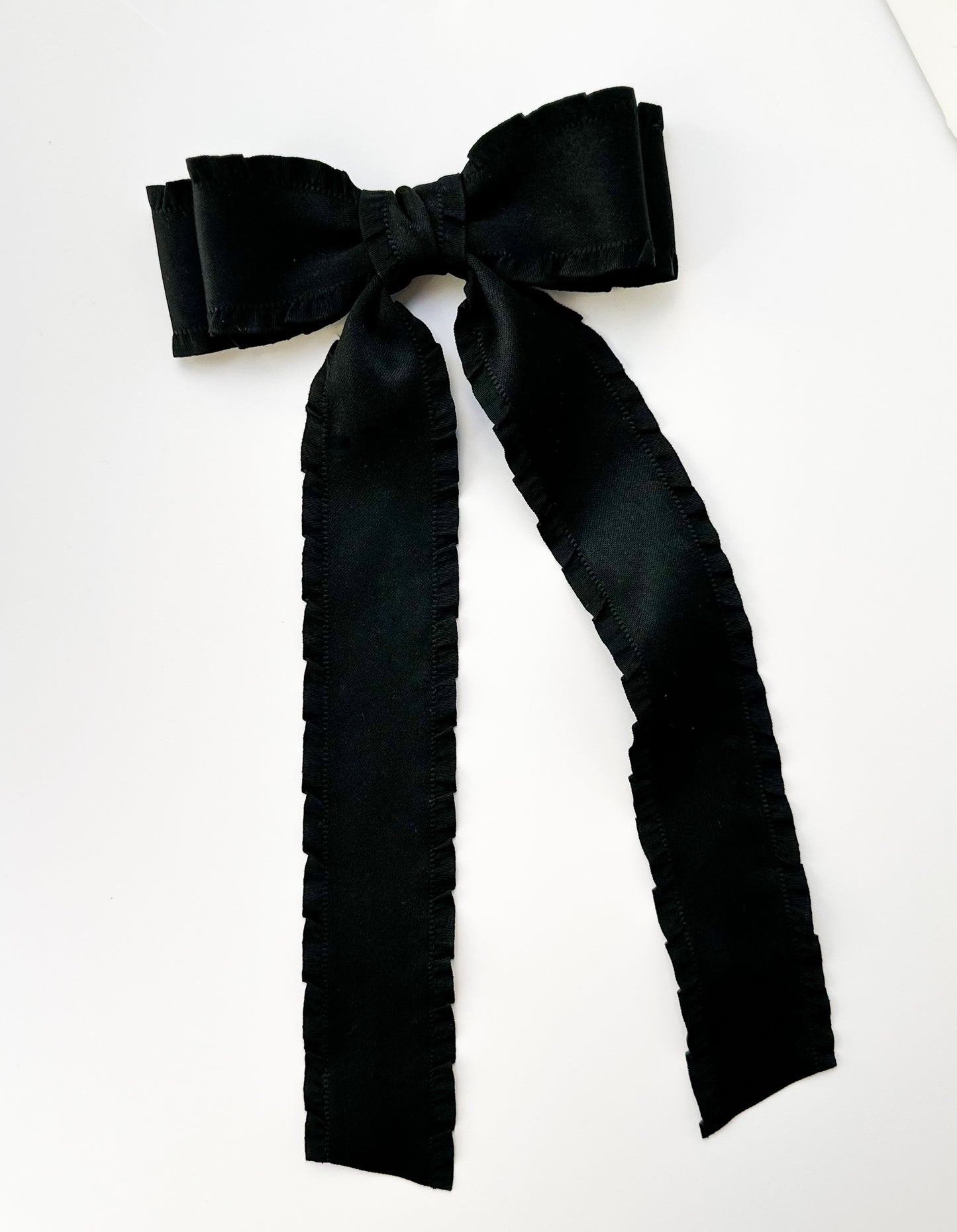 Black Satin Fabric Double Ruffle Ribbon Bow