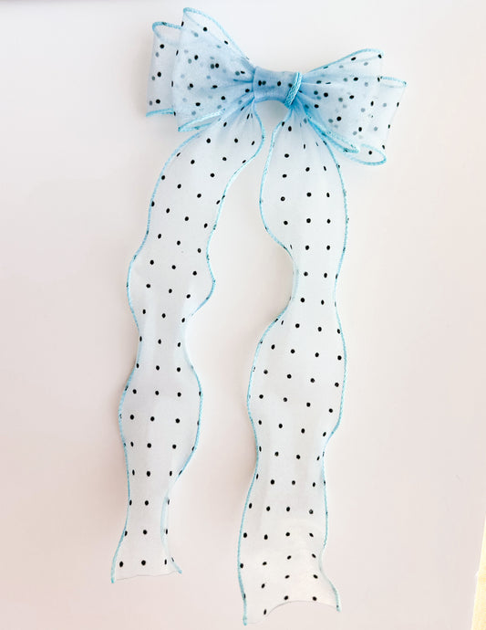 Baby Blue polka dot sheer wavy hair bow