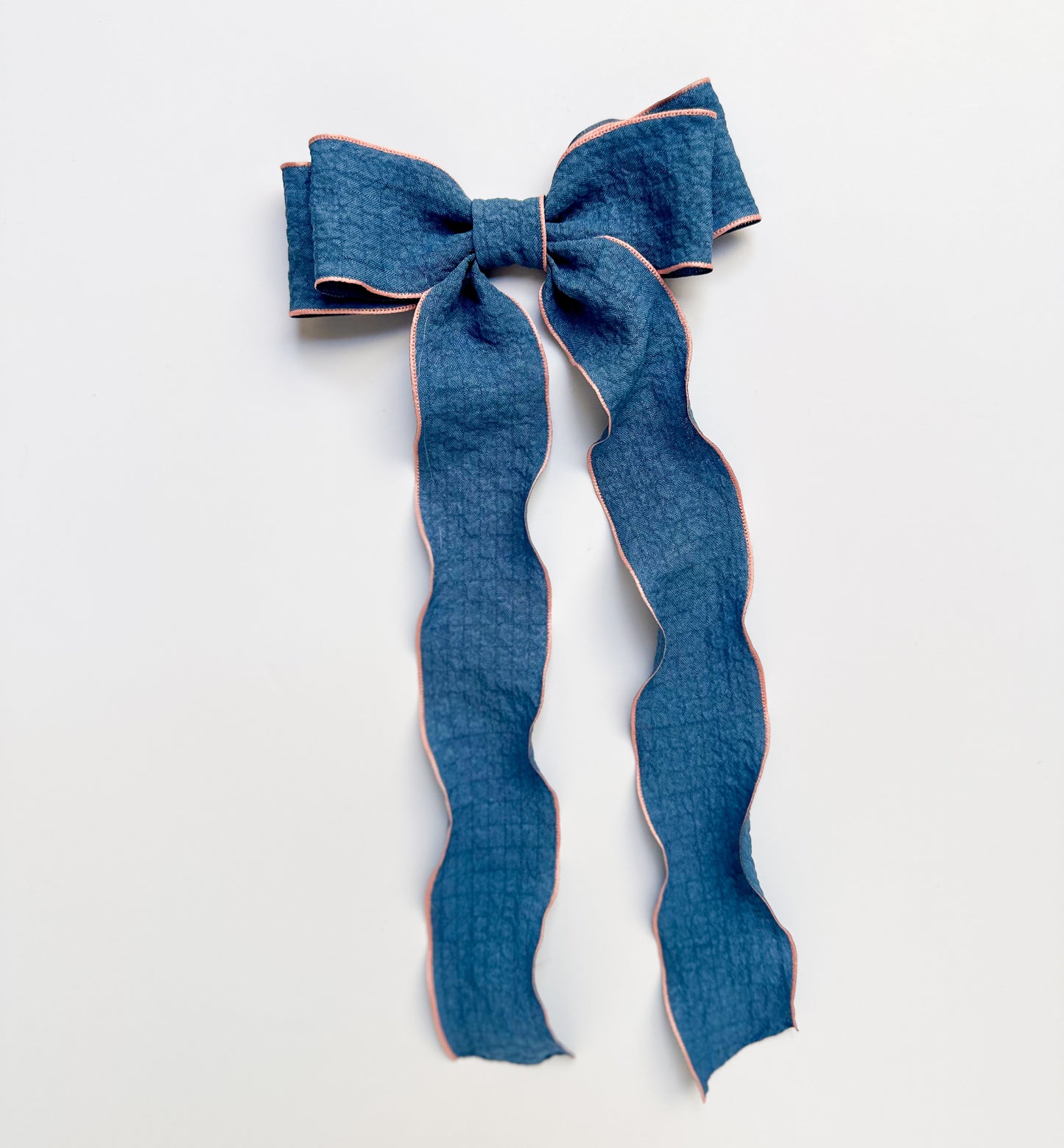 Denim and pink Wavy wrinkle laced edge Hair Bow