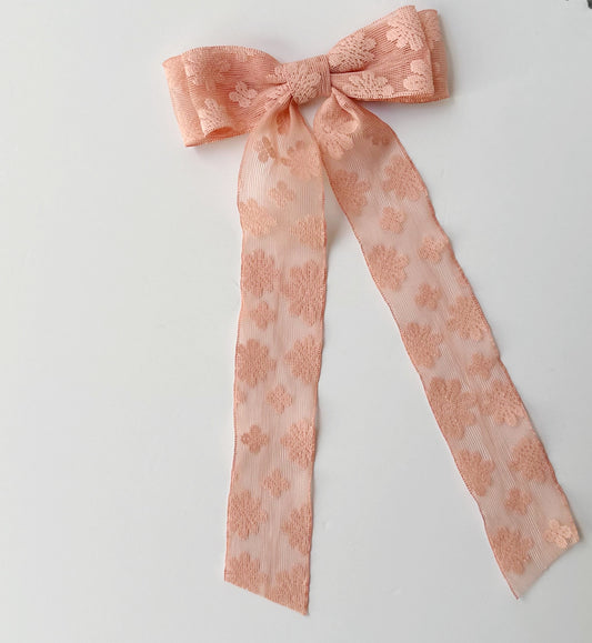 Peachy pink embroidered lace Hair Bow