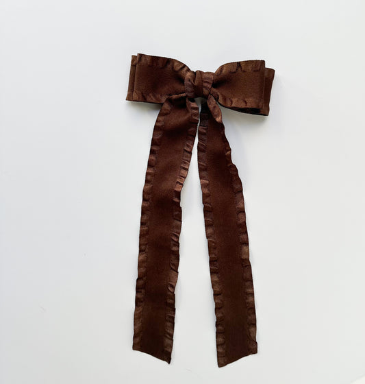 Coffee satin and suede Fabric Double Ruffle Ribbon Bow