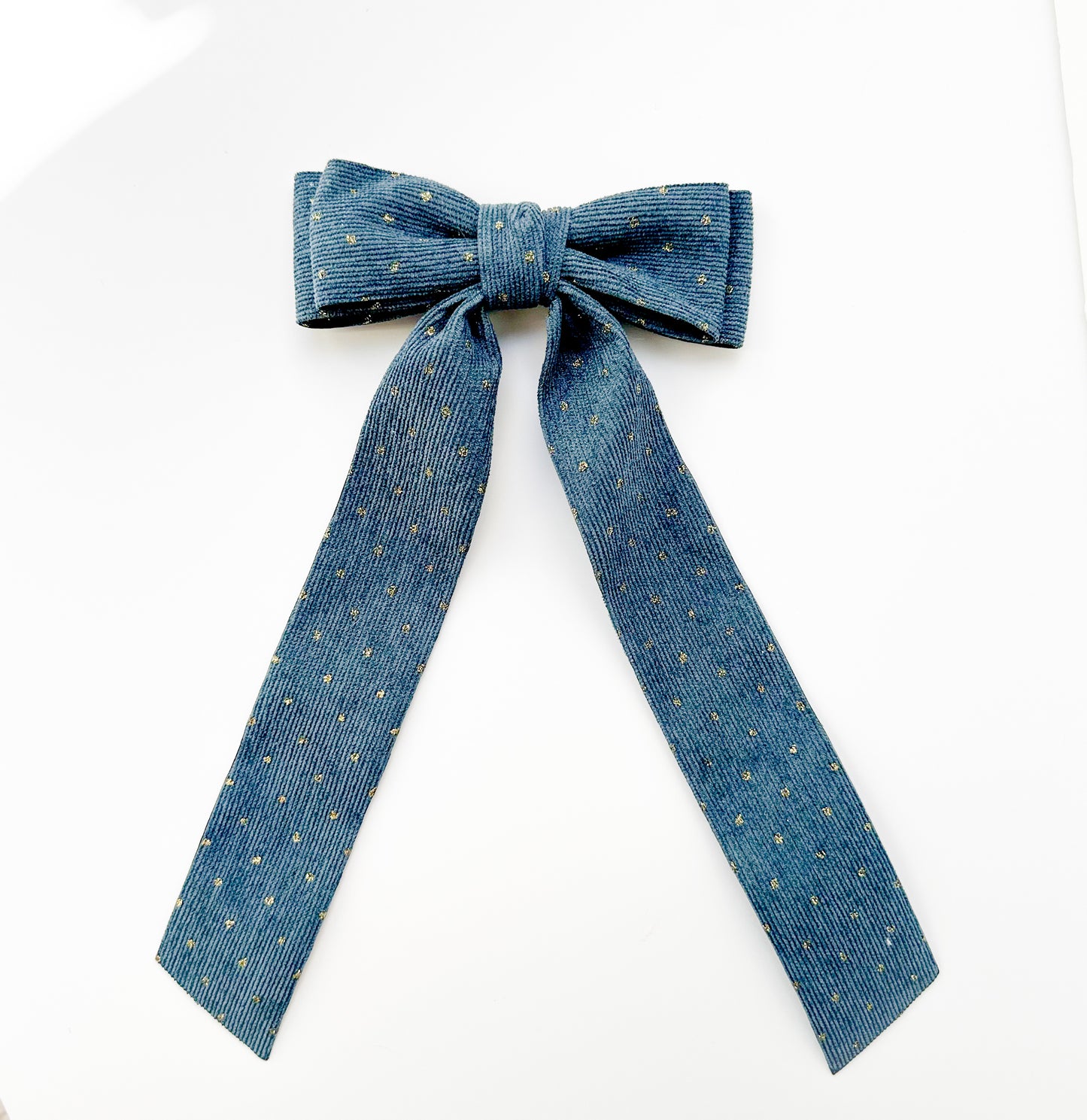 Denim Corduroy Stripe with gold dots fabric Bow