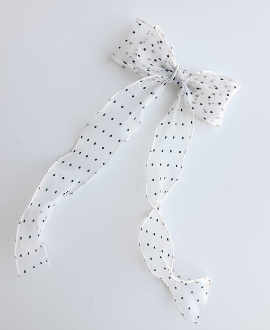 White polka dot sheer wavy hair bow