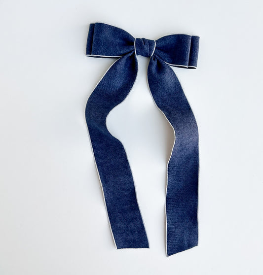 Denim Suede with White Lining Ribbon Bow