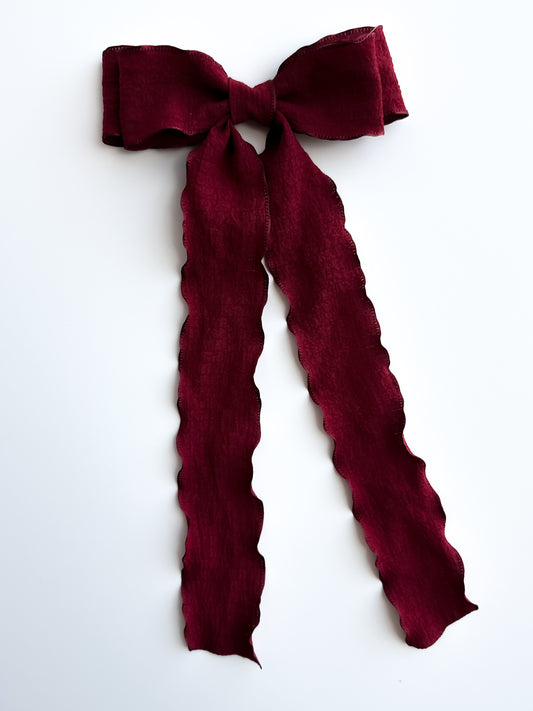 Burgandy Wavy wrinkle laced edge Hair Bow