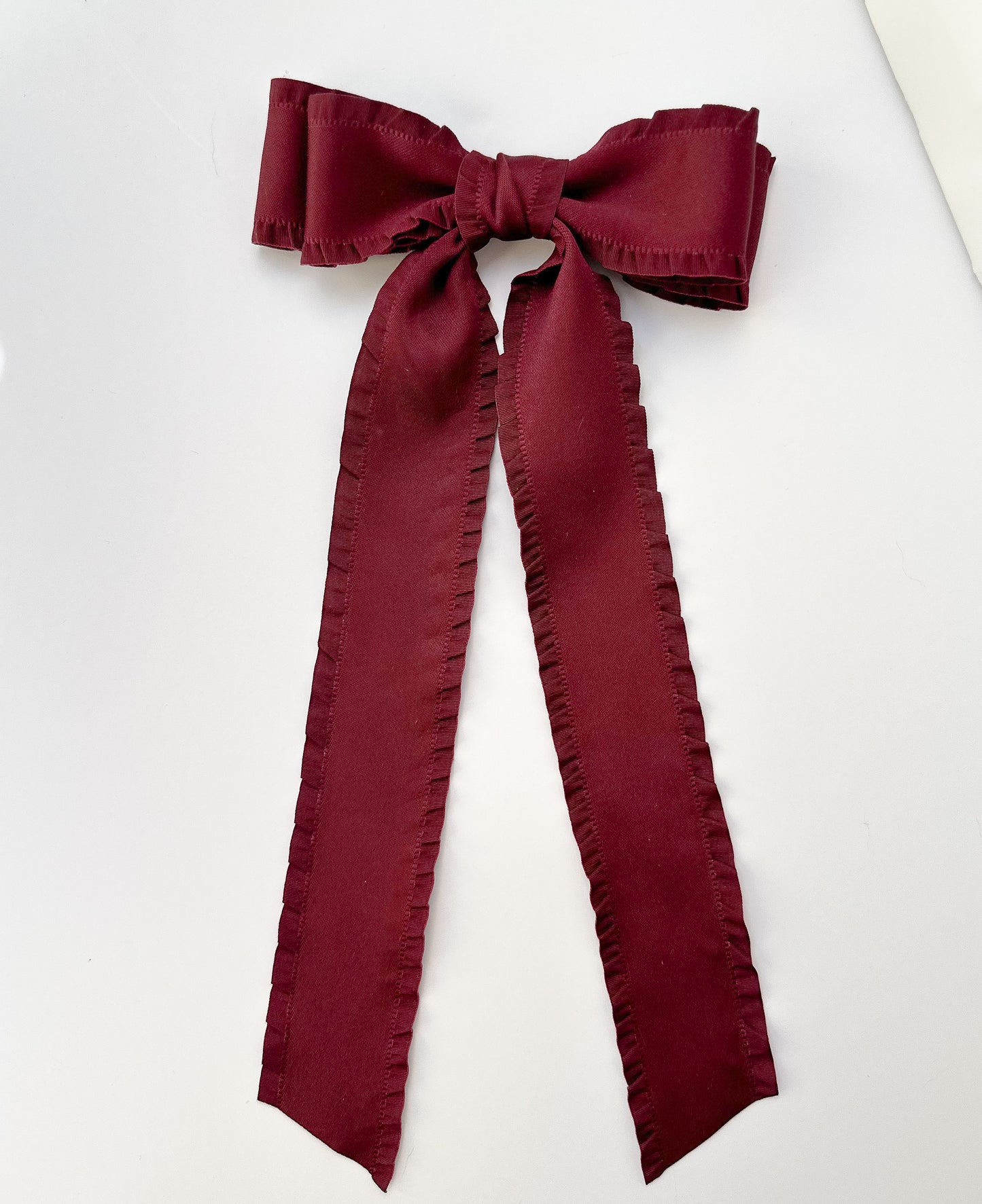 Burgandy Satin Fabric Double Ruffle Ribbon Bow